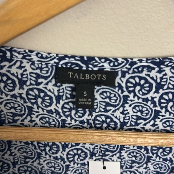 NWT Talbots Navy White Print 3/4 Sleeves Wrap Blouse size S Business Casual - Picture 8 of 9